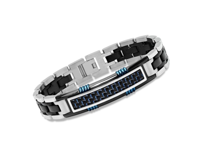 Men's Black and Blue Stainless Steel Bracelet with Black and Blue Carbon Fiber. 8.5" Men's Black and Blue Stainless Steel Bracelet with Black and Blue Carbon Fiber. 8.5"