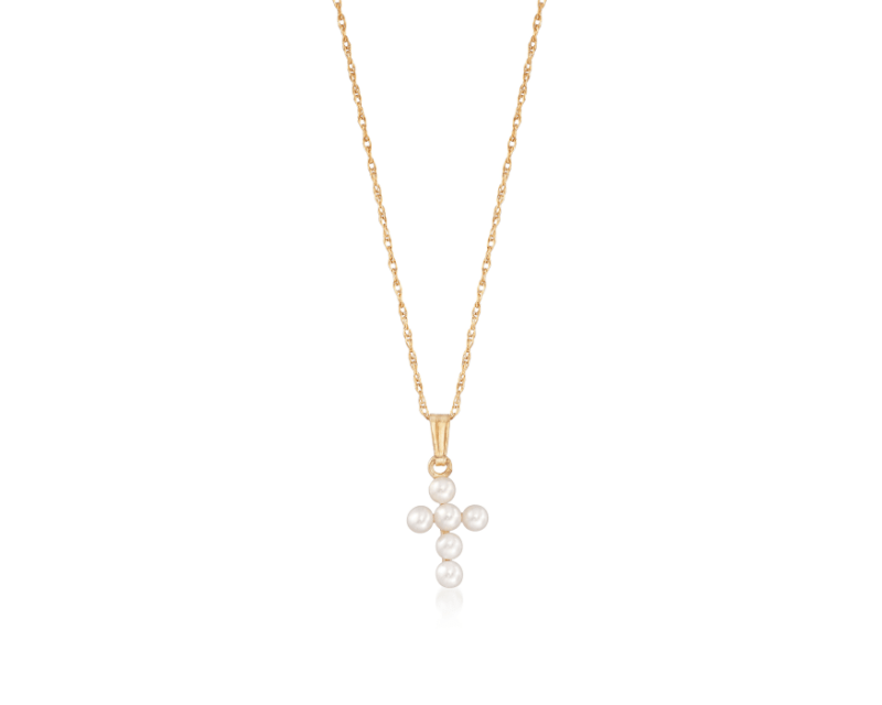 Child's 2.5-3mm Cultured Pearl Cross Pendant Necklace in 14kt Yellow Gold. 15" Child's 2.5-3mm Cultured Pearl Cross Pendant Necklace in 14kt Yellow Gold. 15"